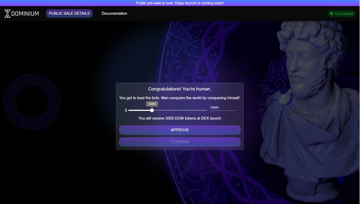 Human whitelist closing soon!

This is an exclusive opportunity to purchase DOM ahead of the bots.
Whitelist closes at 3:00am UTC, 2/22/2022
Human-Only launch will last 12 hours and you will have at least a 5 hour heads-up for its launch. 
Turn notifications on! Don't miss out!