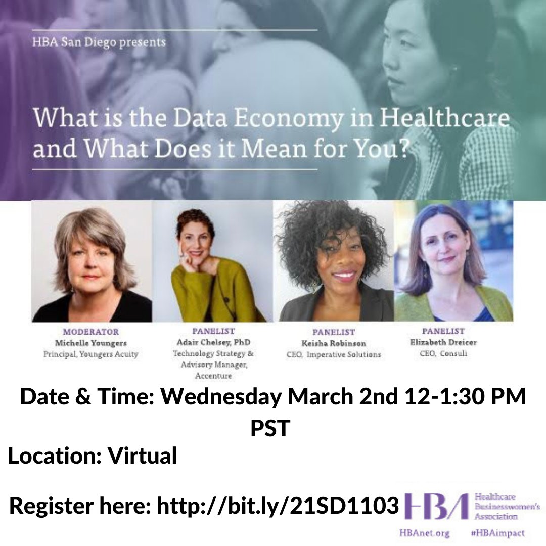 👉Join our CEO, Elizabeth Dreicer along with Adair Chelsey PhD, Keisha D. Robinson and Michelle Youngers  in this important panel discussion. 

🗣They will be discussing trends in healthcare and how to deal individuals into the data economy. Register here~ bit.ly/21SD1103