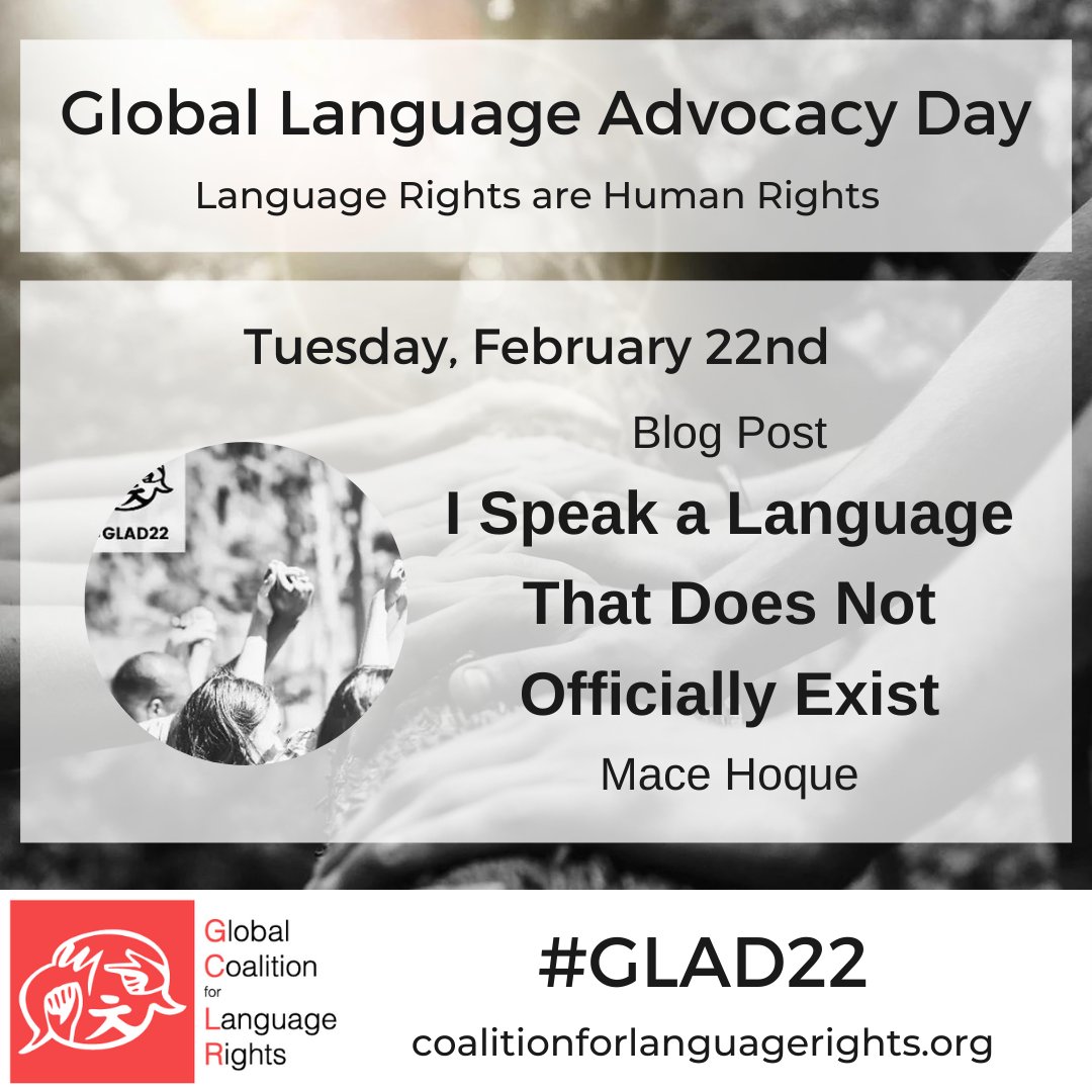 GlobLangRights's tweet photo. I Speak a Language That Does Not Officially Exist

🖊️Author: Mace Hoque

📰Available to read on the #GCLR site on Feb 22:  https://t.co/OK5OBUtUqy

#GLAD22 https://t.co/FpN0IHHWNB
