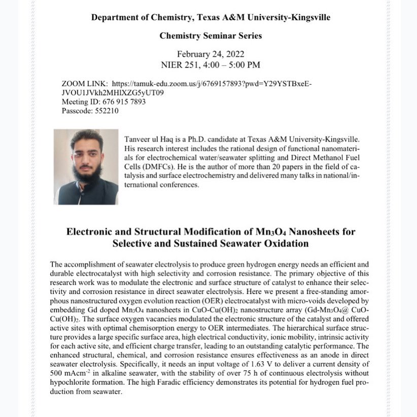 tamukacs's tweet photo. The Department of Chemistry will be having their Chemistry Seminar Series
this Thursday, February 24th from 4-5pm via zoom. 

Feel free to join via zoom &amp; check out our post to learn more!

#ACS #ACSTAMUK @javelinanation https://t.co/0OIAAqLDnZ
