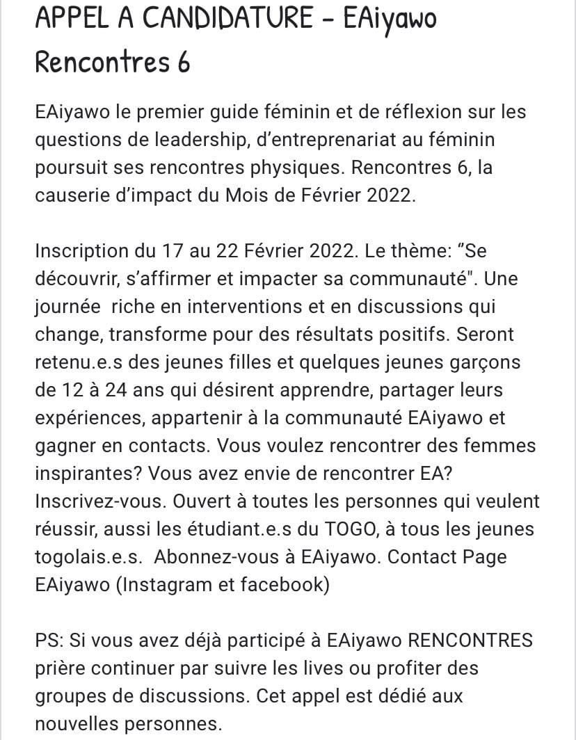 EApampa's tweet photo. Bonsoir la famille. Dans quelques heures cette opportunité de Février s’arrêtera ! Le lien pour s’inscrire : https://t.co/CV9ycrP9Tq
#EAIyawo #sentraider #former #leadershipfeminin https://t.co/zc8yFhA9ea