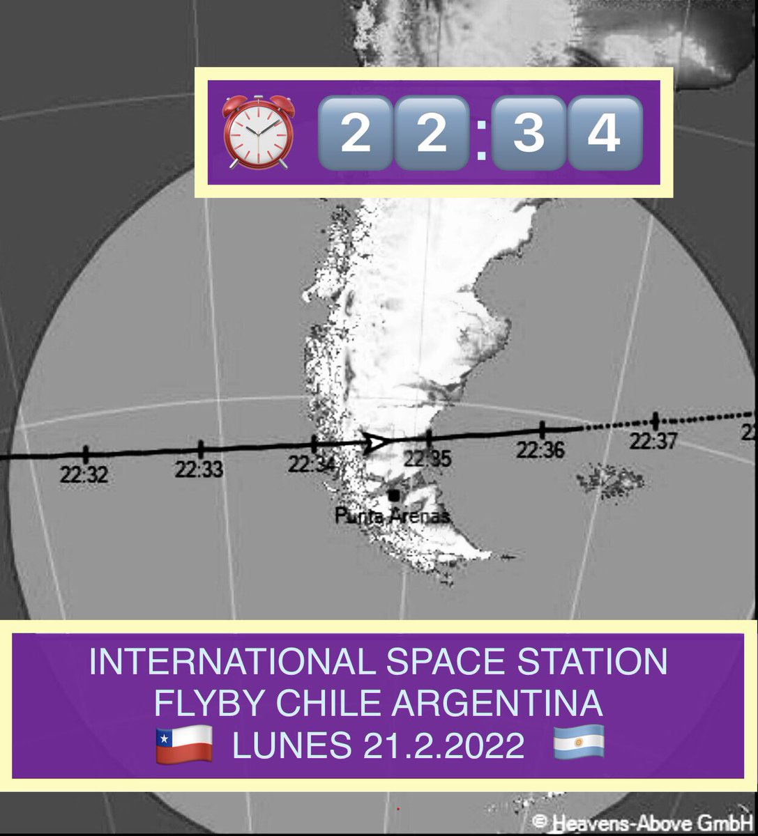 Santacruceños
Magallánicos
Fueguinos
    🇨🇱 🇦🇷
Feliz lunes: la Estación Espacial Internacional se podrá ver hoy a simple vista (si las nubes lo permiten) en todas partes a las 22:34
 
  📲 pon la alarma
  📲 toma foto
 
Crew spacefacts.de/english/e_toda…
📸 NASA worldview.earthdata.nasa.gov/?v=-91.4008262…