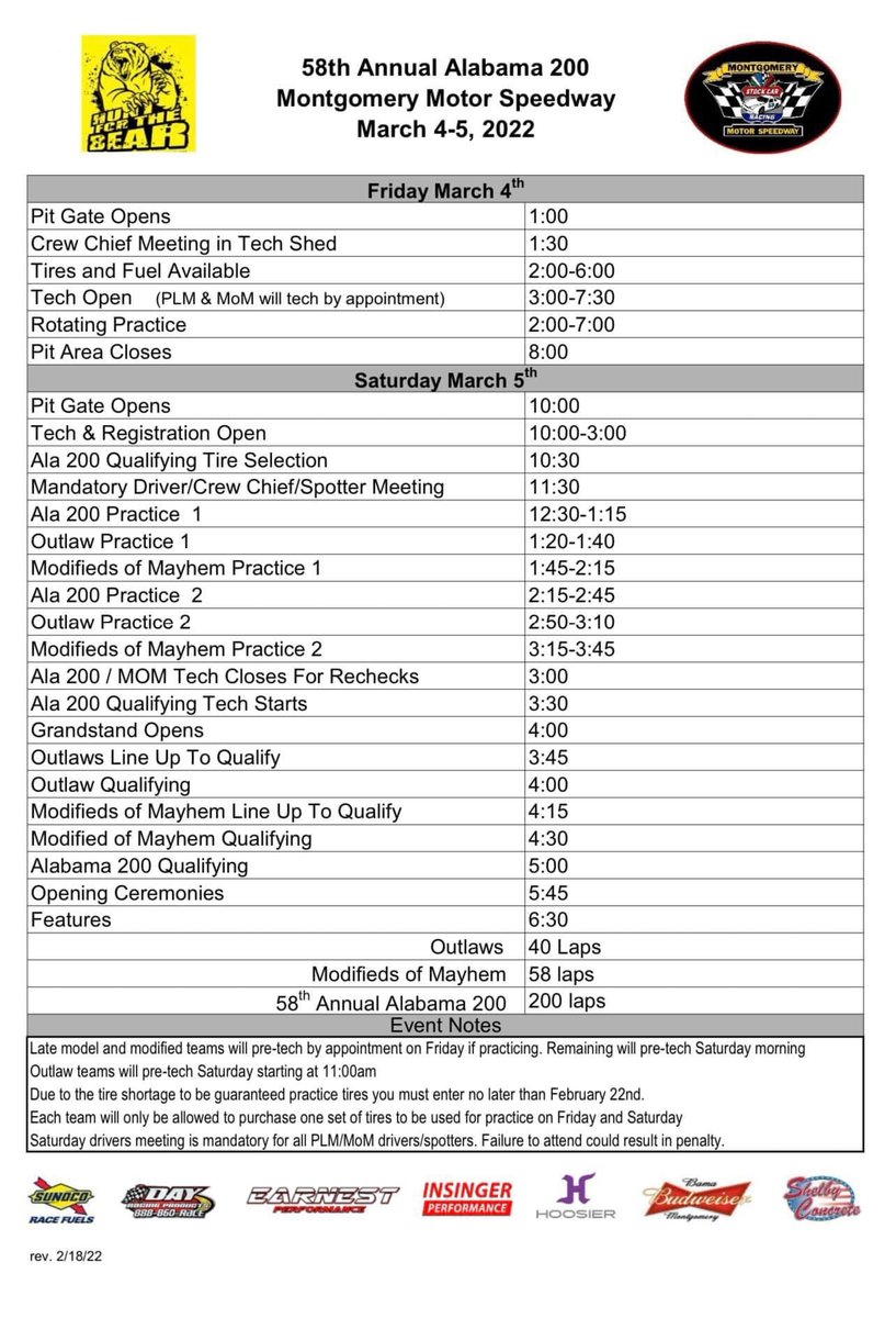 MMSracetrack's tweet image. Schedule for the 58th Annual Alabama 200 weekend🏁
If you have not pre-registered for this event please do so ASAP to ensure you will have practice tires.