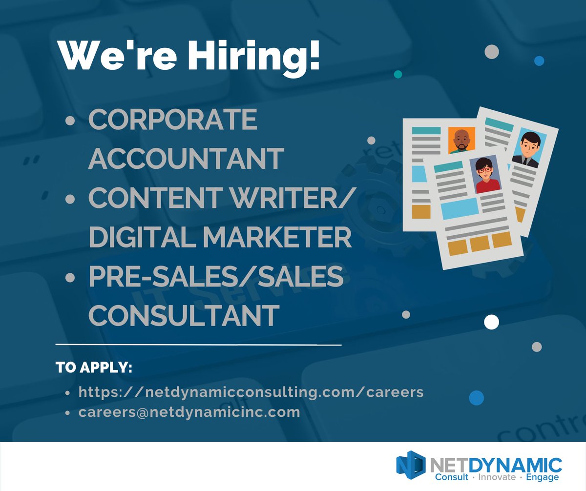 Net_Dynamic's tweet photo. Visit #NetDynamicConsulting's website to see these and other #JobOpenings and descriptions. Apply online or send your resume to careers@netdynamicinc.com. 

Careers page: https://t.co/rvySzNuMU5

#jobs #nowhiring #hiring #NetSuitejobs #sales #marketing #accountant #contentwriter https://t.co/ROlIAy2cYB
