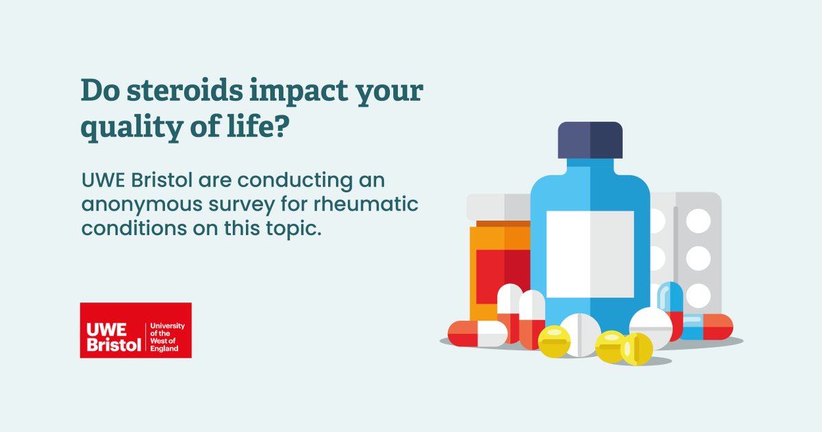 NRAS_UK's tweet photo. Are you being treated with steroids for rheumatoid arthritis or another rheumatic condition? Researchers @UWEBristol would value your help to test a new questionnaire about steroid impact on quality of life. 
Here is the survey link: https://t.co/hYSG4v5eB0 https://t.co/zi2YthjWiv