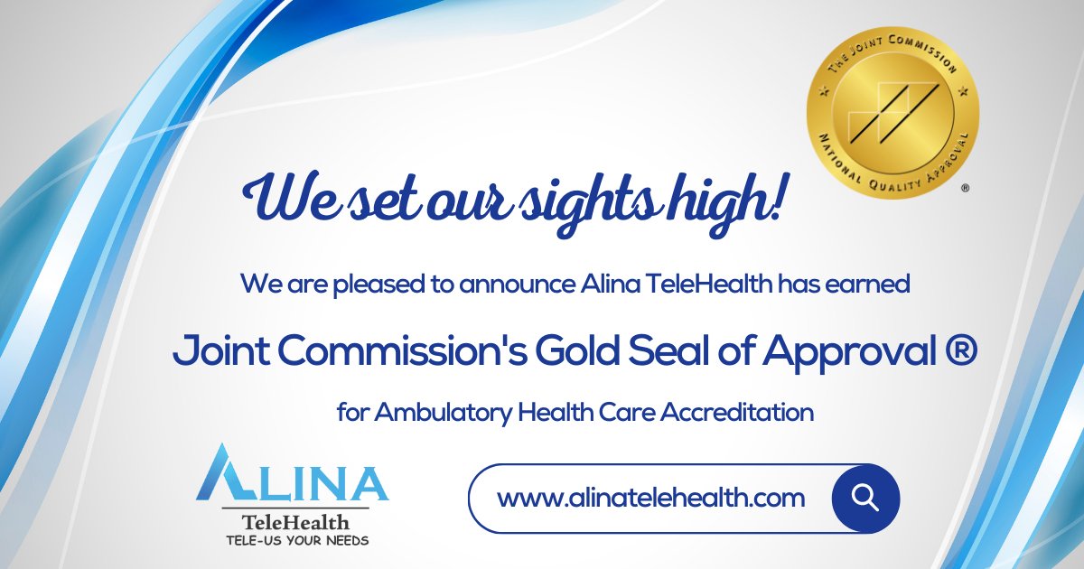 We are proud to announce that Alina TeleHealth has achieved the Joint Commission's Gold Seal of Approval!
alinatelehealth.com
#AlinaTeleHealth #accreditation #jointcommission #healthcare #safety #qualityofcare #standards #nationalstandards #ethics #care #ambulatoryhealthcare