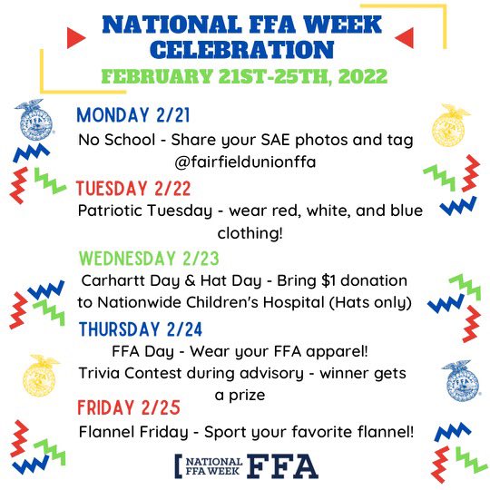 FFA Week is underway! Make sure to participate in the spirit days and journal your participation to have a chance to win a price from a daily drawing! Non FFA members are welcome to join in the fun too. #ffa #ohioffa #falconpride #fairfieldunionffa #fuffa