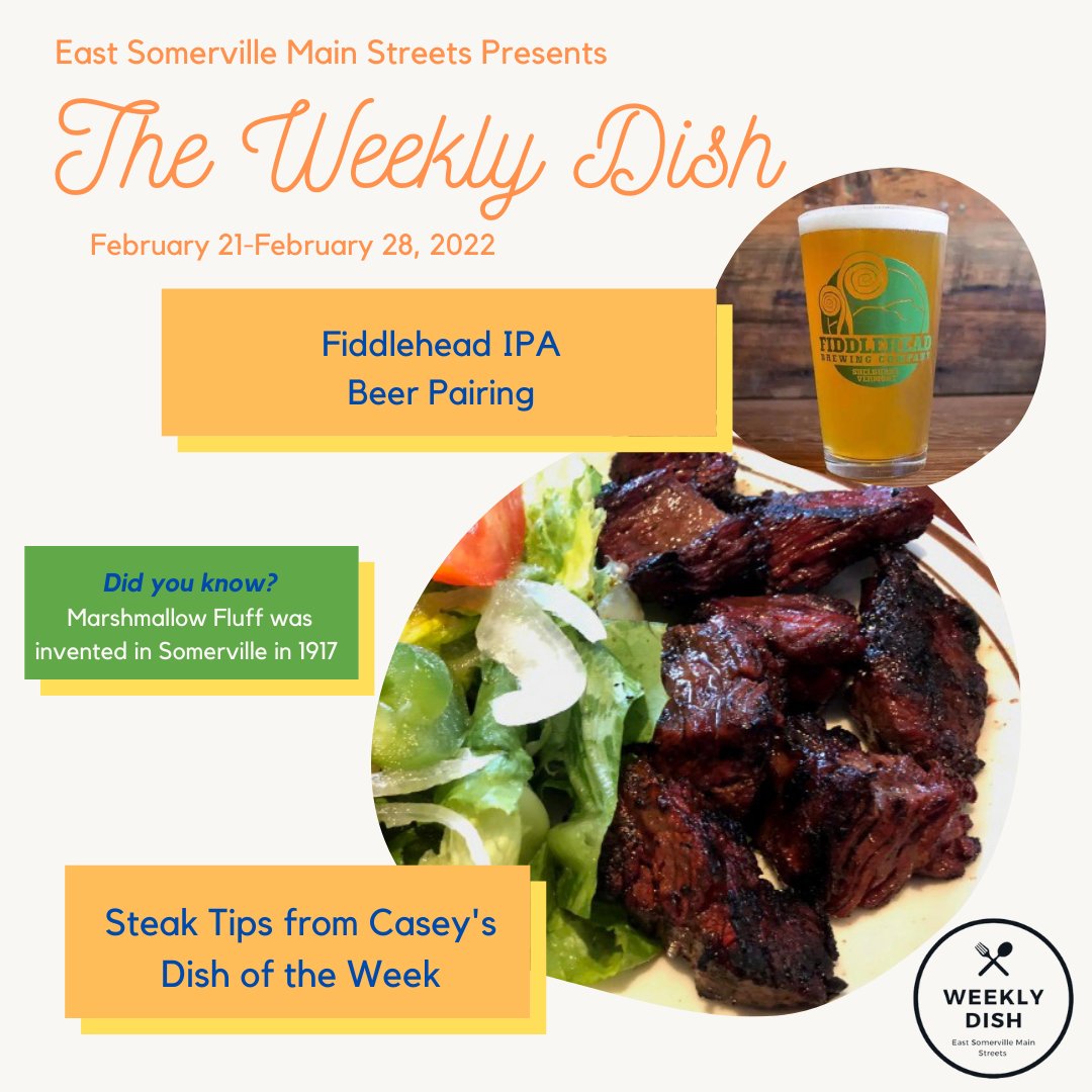 EastSomerville's tweet photo. We've got comfort food on the menu for this week's Weekly Dish. The steak tips at Casey's are the best in town! While you're there, order an IPA from Fiddlehead Brewing.
Remember to share a picture of your food with the hashtag #eastsom. https://t.co/ZucUg427SA