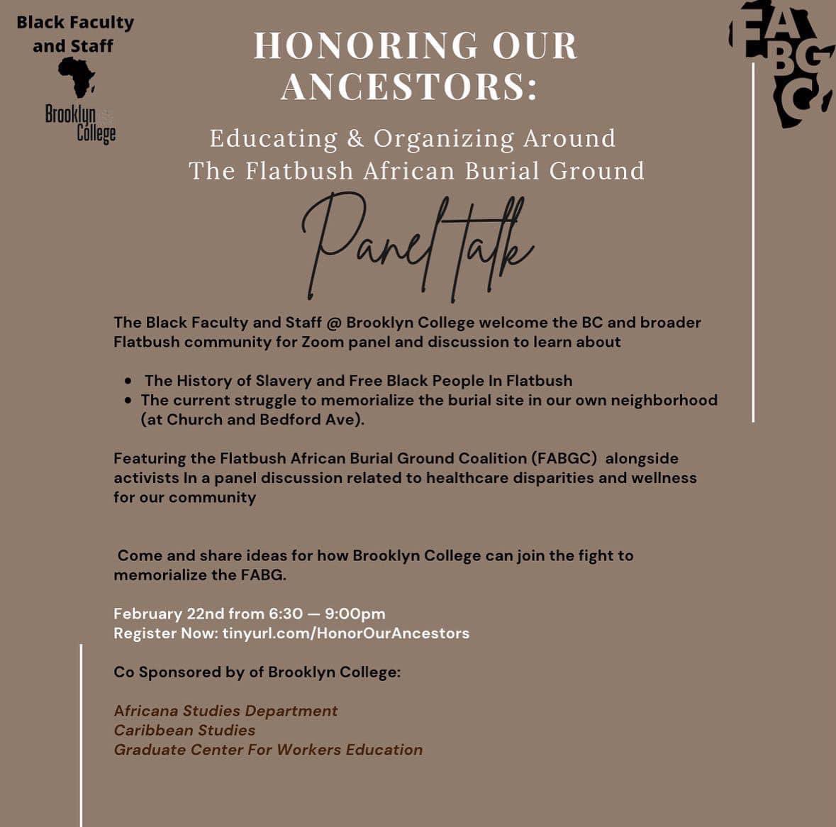 Join BC Black Faculty and Staff + Flatbush African Burial Ground Coalition tomorrow (Tuesday 2/22) to learn more about the current struggle to build a memorial for the African Burial Ground at the center of Flatbush.

Zoom in from anywhere: tinyurl.com/HonorOurAncest…
