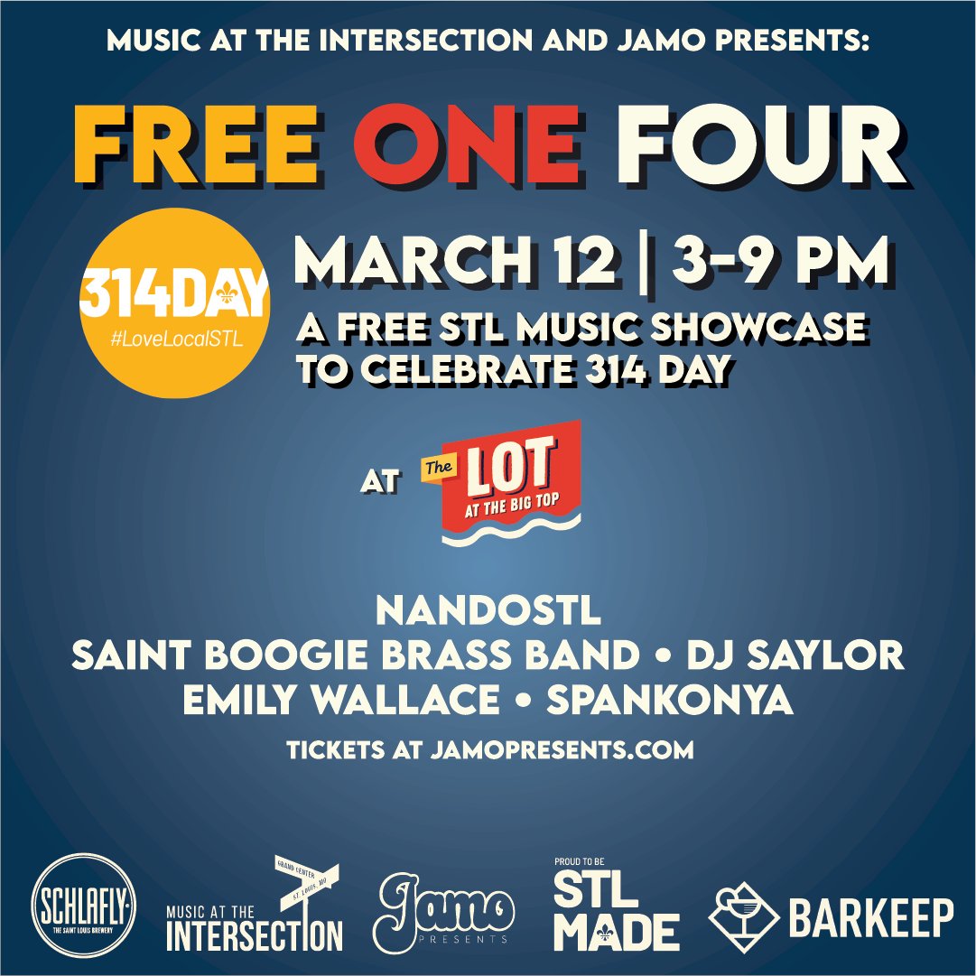 Come celebrate #314day and #stlouis music with us! FREE ONE FOUR is a ✨free✨ event featuring music by Nandostl, Saint Boogie Brass Band, DJ Saylor, Emily Wallace &amp; Spankonya.
March 12, 3-9 pm | The Lot at The Big Top