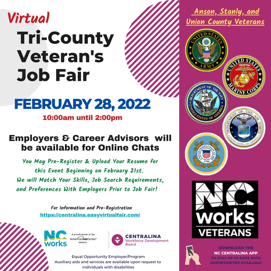 ncworkforce's tweet photo. #NCWorks teams in Anson, Stanly &amp; Union counties, and Centralina Workforce Development Board, will present a Virtual Tri-County #Veterans Job Fair on Monday, Feb. 28, from 10 a.m. until 2 p.m. Register now at: https://t.co/uyqrtDDUxD https://t.co/sqt8U237TW
