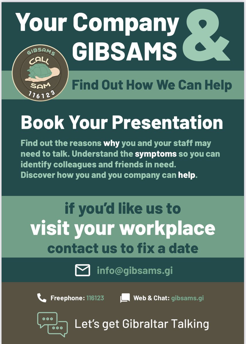 Have you ever given a thought that members of your team may ‘need to talk’ Why not contact us and we can arrange to deliver a presentation to understand these symptoms. Send us an email to info@gibsams.gi #workmentalwellbeing #letsgetgibraltartalking @GibraltarGFSB @GibChamber