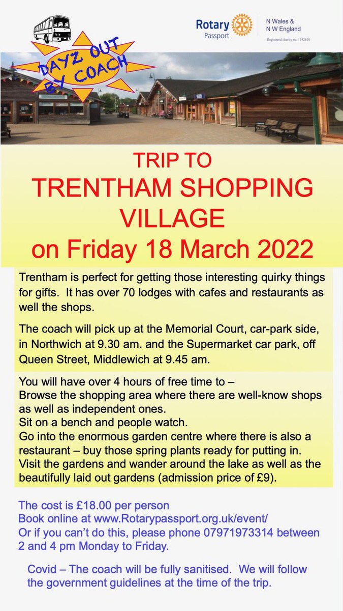 Our next coach trip is to Trentham Gardens on Fri March 18th. All the info on the day and how to book is on the poster 👇👇👇. Why not come along for a day out of shopping,nice places to eat, maybe a trip around the gardens(additional cost) and have someone drive you there 😊