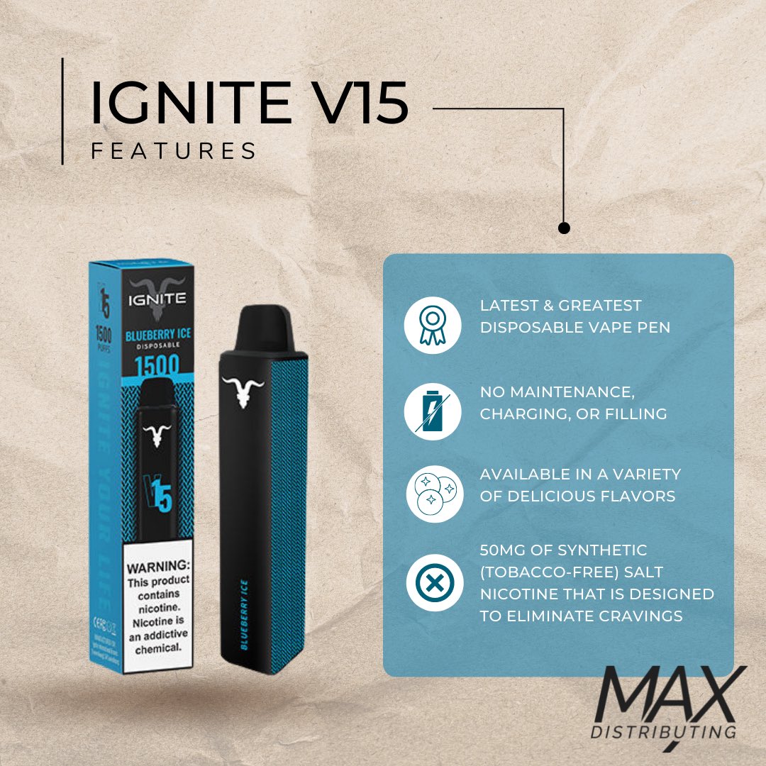 MaxDistributing's tweet image. The IGNITE V15 Disposable Vape Pen has become one of the best premium disposable vaping devices on the market due to its simplicity, comfortable design, and amazing performance. 

For product and ordering details connect here:
Sales@maxdelivers.com
(844) 297-2651