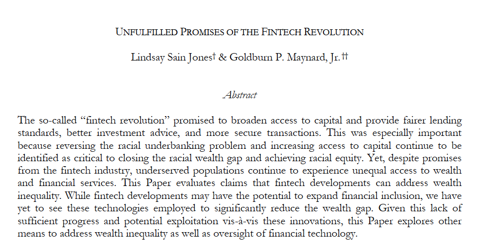 I’m still pinching myself… but apparently, it's real. “Unfulfilled Promises of the FinTech Revolution” is forthcoming in <a href="/CalifLRev/">California Law Review</a>. A huge shoutout to my brilliant co-author @deathntaxesprof, without whom this project would not have been possible!

Draft:papers.ssrn.com/sol3/papers.cf…