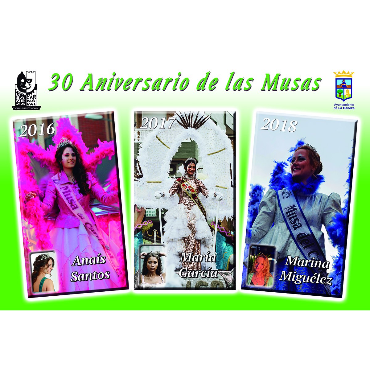 CarnavalBaneza's tweet photo. Llega el 2016, Anaís Santos termina sus exámenes y poco después es proclamada Musa. María García que desfilaba de niña con el grupo Salsa, es elegida en 2017. Marina Miguélez nació un Sábado de Chispas, quizá estaba escrito que en 2018 celebrase su cumpleaños siendo coronada. https://t.co/4dp0dkKOiE