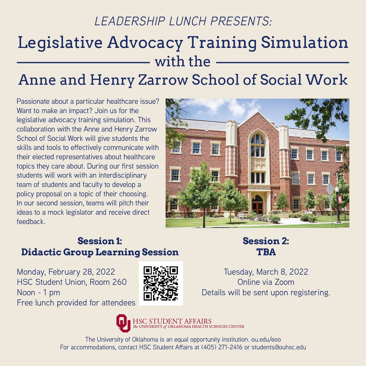 ouhcstudent's tweet photo. Join us next week for a legislative advocacy training simulation. This simulation provides students the skills to effectively communicate with elected representatives about healthcare topics.

This event qualifies for OUCHA hours and IPE credit**

https://t.co/ZO72tMSNqo https://t.co/SdSXcSbBJL