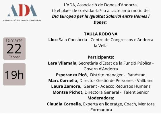 CEA_And's tweet photo. Demà és el dia europeu per a la igualtat salarial entre dones i homes. 
L'Associació de Dones d'Andorra ha organitzat una taula rodona per parlar de la realitat actual al país.
📢Dimarts 22 de febrer
✅ 19:00 h.
📍 Sala la Consòrcia @AndorraCapital 

No us ho perdeu! https://t.co/42cY3HvzLZ