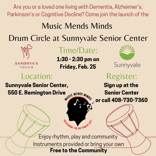 MusicMendsMinds's tweet photo. Join Music Mends Minds for the liftoff of our first ever Northern California band in Sunnyvale,  this Friday at 1:30 - 2:30 pm!

#MusicMendsMinds
#RestoringTheRhythmOfLife
#alzheimers #dementia #parkinsons https://t.co/Pg7ebORyzh