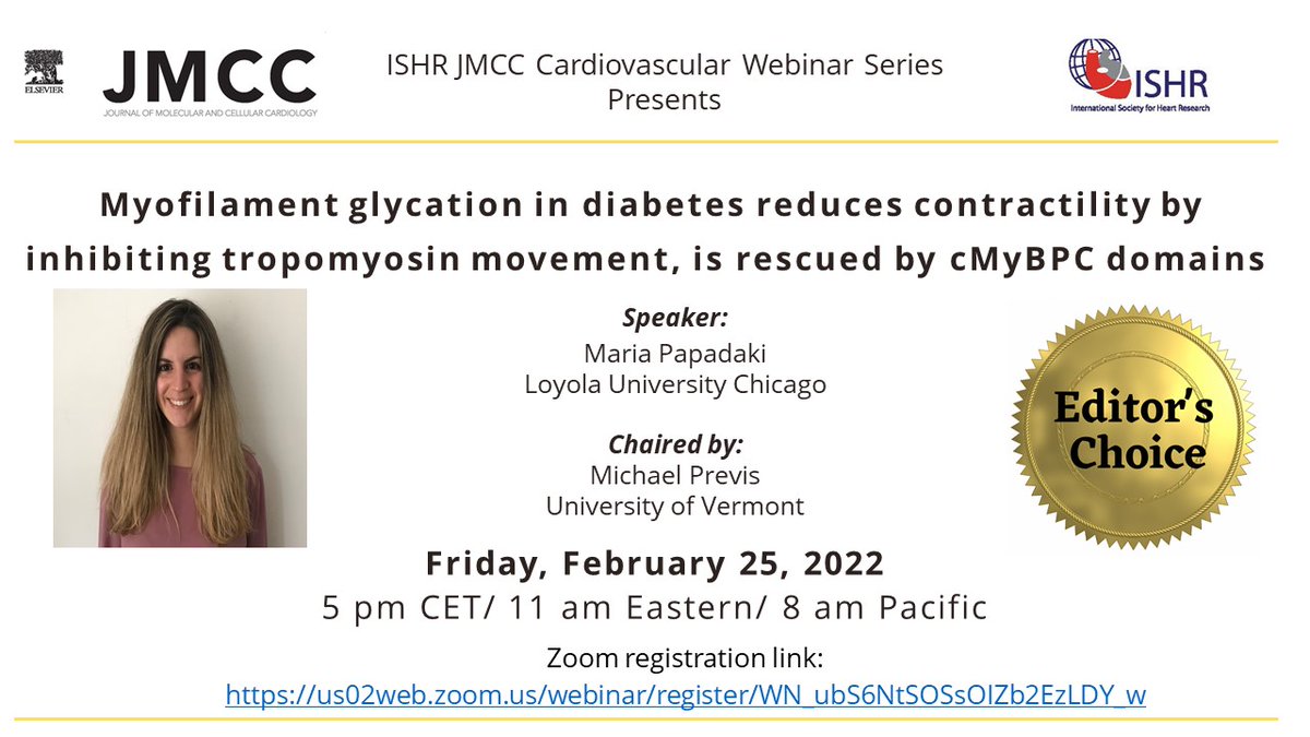 Join the next ISHR-JMCC Editor's Choice webinar: Feb 25, 2022 8 am PST, 11 am EST, 5 pm CET Speaker: Maria Papadaki Myofilament glycation in diabetes reduces contractility by inhibiting tropomyosin movement, is rescued by cMyBPC domains Register: us02web.zoom.us/webinar/regist…