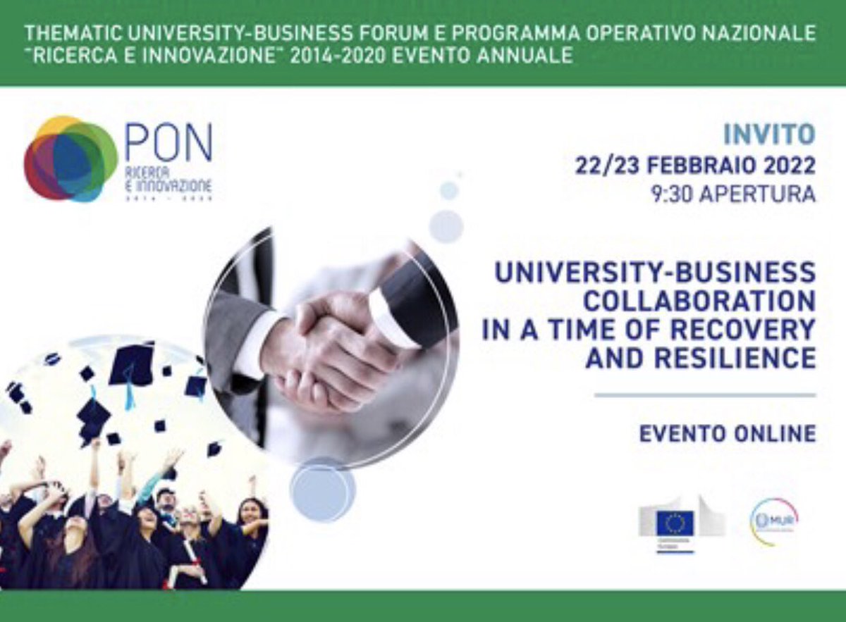 mur_gov_'s tweet photo. Evento annuale PON Ricerca e Innovazione 2014/2020 “University-Business collaboration in a time of recovery and resilience” si svolgerà online il 22 e 23/02/2022. 
University Business Forum in collaborazione con @EU_Commission 
Per registrarsi 👇🏻 
https://t.co/DTIGmPff4H https://t.co/DKXhE8l5dD