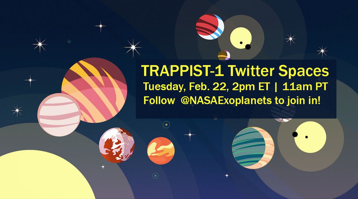 NASA Exoplanets (@nasaexoplanets) on Twitter photo Tomorrow is the five-year anniversary of the discovery of seven Earth-size planets orbiting a red star known as TRAPPIST-1. What have we learned since, and what might we learn from <a href="/NASAWebb/">NASA Webb Telescope</a>? <a href="/NASA/">NASA</a> scientists will answer your #AskNASA questions tomorrow.
x.com/i/spaces/1rmGP… Tomorrow is the five-year anniversary of the discovery of seven Earth-size planets orbiting a red star known as TRAPPIST-1. What have we learned since, and what might we learn from <a href="/NASAWebb/">NASA Webb Telescope</a>? <a href="/NASA/">NASA</a> scientists will answer your #AskNASA questions tomorrow.
x.com/i/spaces/1rmGP…