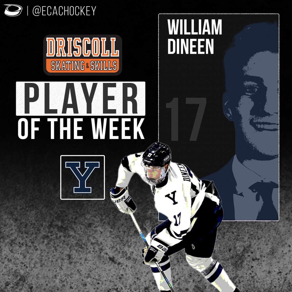 PLAYER OF THE WEEK 🏅

William Dineen led <a href="/YaleMHockey/">Yale Men's Hockey</a> to an #ECACHockey sweep of Union and RPI this weekend, posting 5️⃣ points on two goals and three assists. 

Powered by <a href="/driscoll_hockey/">Driscoll Skating & Skills</a> 🏒