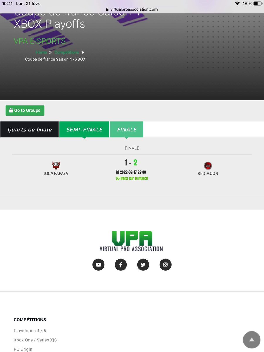 HVCorleone's tweet photo. 🚨 Résultat Coupe De France @VPA_France 🚨

Nous somme arriver en final pour la 3ieme fois consécutive, et malheureusement 3ieme défaites 🤦🏻 

Bien jouer à notre adversaries 🏆  ! 

🆚 @TEAMREDMOON ❌1-2 

#FIFA22  #CoupedeFrance 
#esport #11vs11 #clubpro #Xbox @VPA_France https://t.co/1ccEwU21Qh