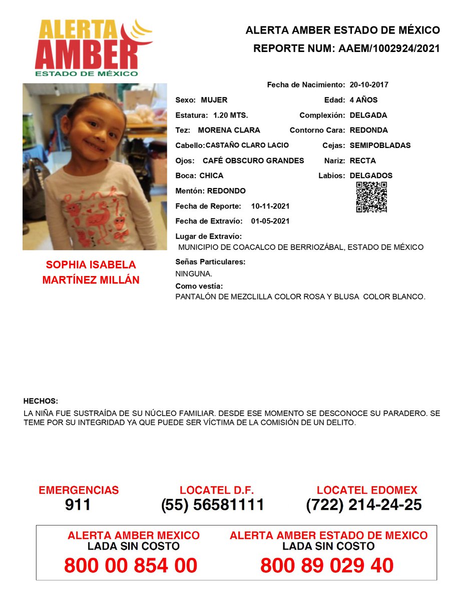 📌Tu apoyo es importante, ayúdanos a difundir, cualquier información para localizar a la siguiente persona, comunícate al 📞 800 890 2940 #AlertaAmberEdoméx y ☎️ 800 7028 770 #FiscalíaEdoméx.