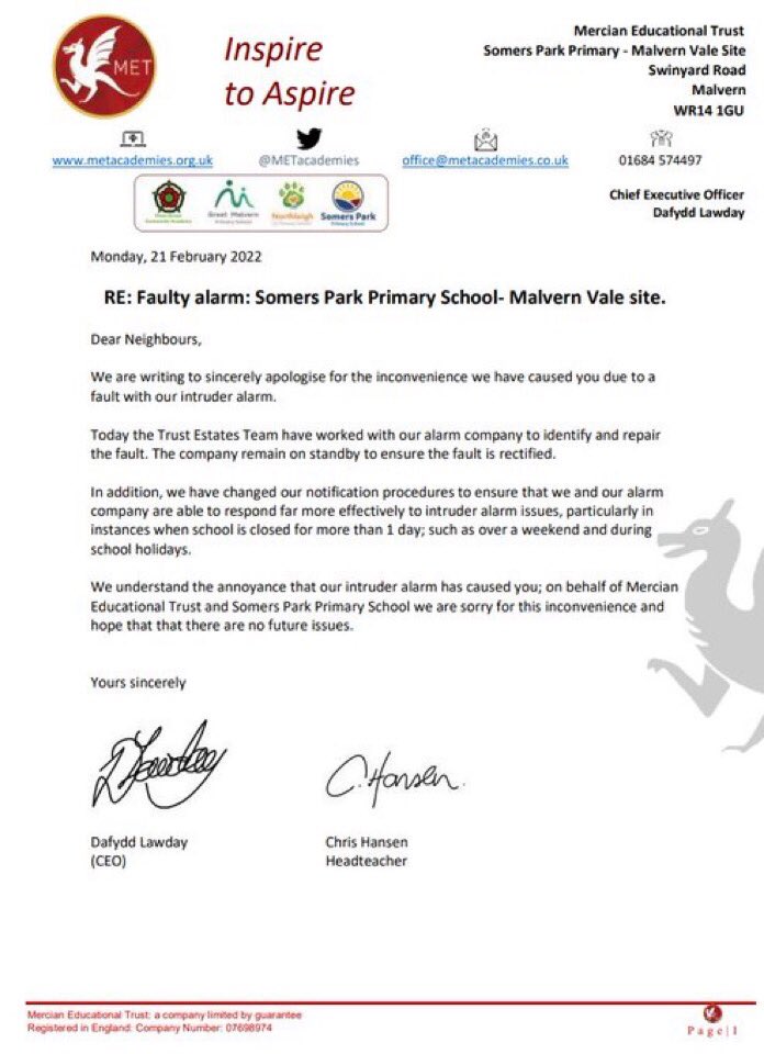 Dear neighbours of our Malvern Vale site. Please find attached,  a letter from our CEO, Mr Lawday, and our Headteacher, Mr Hansen, to apologise for the inconvenience caused by our faulty intruder alarm.