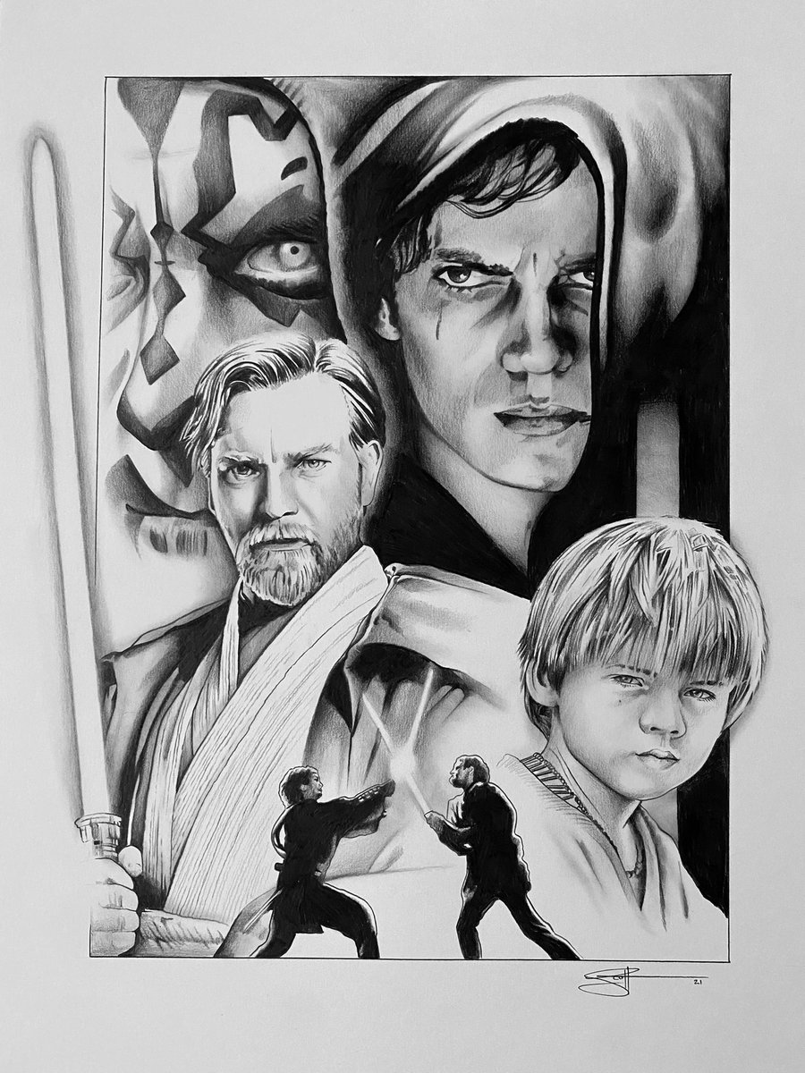 ScottArtBeyond's tweet photo. Recent #StarWars commission including the clients favourite characters from the prequal era. This has inspired a larger scale painting that’s been long time coming @IAMRayPark #darthmaul #HaydenChristensen #ewanmcgregor #kenobi #jakelloyd #anakin #skywalker #lightsaber https://t.co/BvVKP2gs8A
