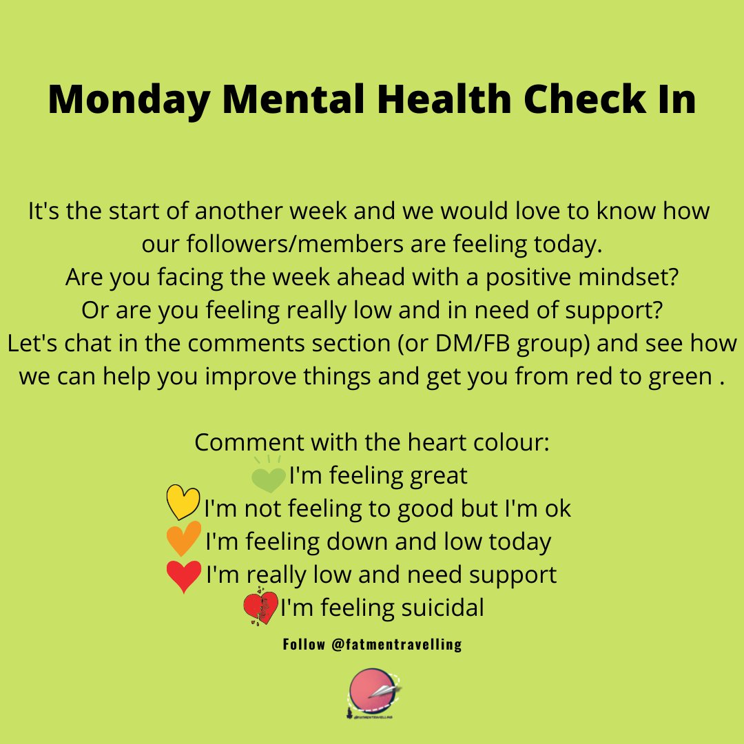 FatmenTraveling's tweet photo. It's the start of another week and we would love to know how our followers/members are feeling today.⁠
Are you facing the week ahead with a positive mindset?⁠
Or are you feeling really low and in need of support?⁠ https://t.co/CLxkzwDnAz