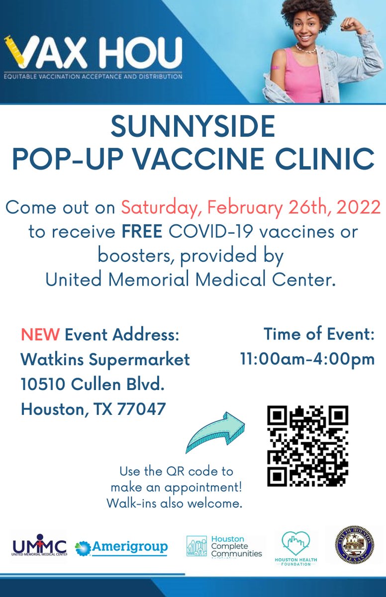 We're having a vaccination clinic this weekend! Come on out to Sunnyside and get a FREE COVID-19 vaccination or booster! Please note, the location has changed!!

Where: Watkins Supermarket 10510 Cullen Blvd. Houston, TX 77047
When: 11:00-4:00