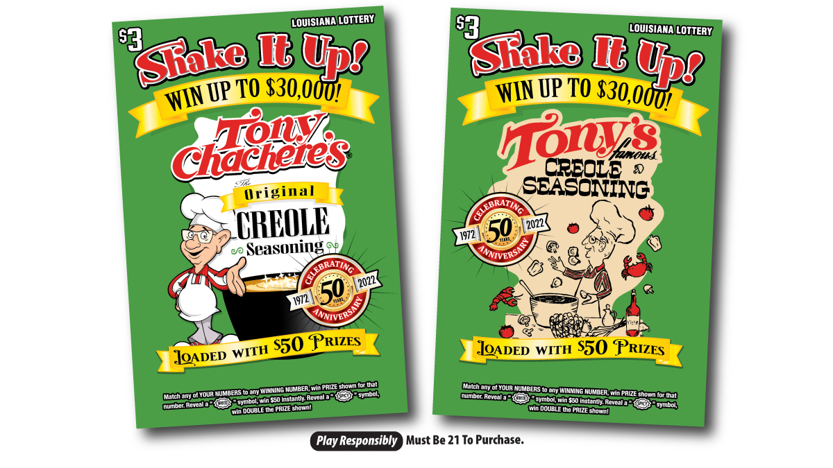 COMING SOON! To celebrate the 50th anniversary of <a href="/TonyChacheres/">Tony Chachere's</a> Creole Foods, the Louisiana Lottery will once again partner with this quintessential and beloved Cajun seasoning brand to launch a $3 scratch-off, Shake It Up!, on Feb. 28! DETAILS: fal.cn/3mlsc