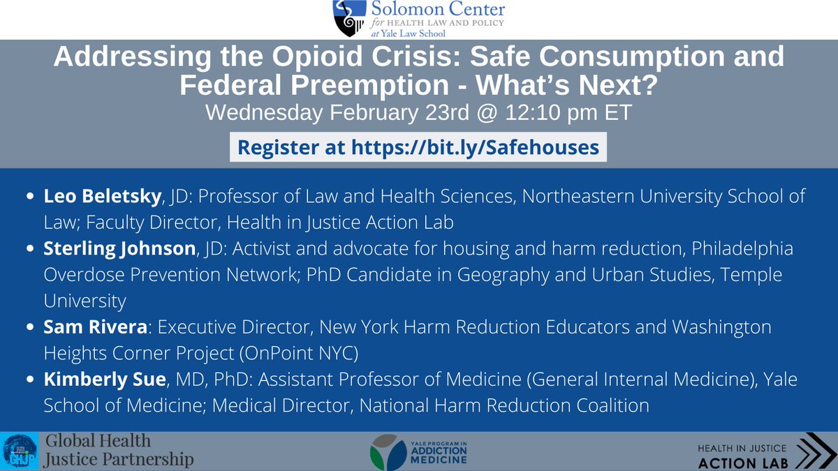 SolomonCtrYLS's tweet photo. This Wed @ 12:10pm ET: "Addressing the Opioid Crisis: Safe Consumption and Federal Preemption - What’s Next?" with @LeoBeletsky, @Lb_Sterling, @samrivera1111, and @DrKimSue! Co-sponsored by @HiJAction, @YaleGHJP, and @YaleADM. Join via Zoom!

Register now
https://t.co/8DNGF8lp03 https://t.co/fWGcGEVrpg