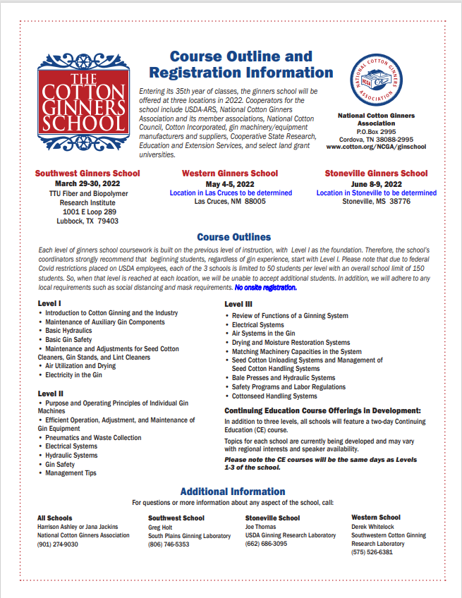 lummuscorp's tweet photo. The National Cotton Ginners Association is pleased to announce that in-person #ginschool sessions will resume again for 2022. Contact Harrison Ashley, Executive Vice President of the National Cotton Ginners Association at 901-274-9030. 
@USDA_ARS @NCottonCouncil @CottonInc https://t.co/HZr216Q5LA