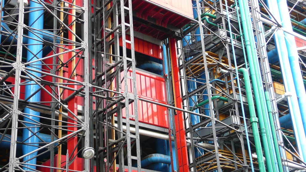The Centre Pompidou, 1971, Paris, France. In most cases, we are left to wonder where a building's systems are located. Such is not the case here. The systems of Pompidou are located on the exterior of the structure which allows for more gallery space and efficiency of space. ⁠