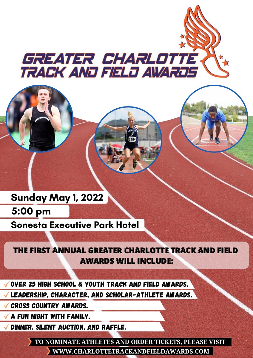 SCSportsReport's tweet image. Excited to announce the Greater Charlotte Track and Field Awards on May 1st.  So many amazing track and field and cross country athletes that are winning on and off the field in our area.  Nominations are now open at charlottetrackandfieldawards.com