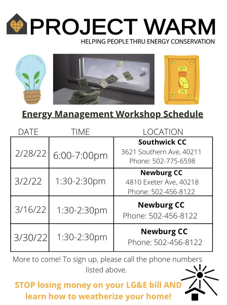 project_warm's tweet photo. Woohoo! Project Warm has some upcoming workshops scheduled below. The first is next Monday and Wednesday! We also have two towards the end of March. Call one of these locations to sign up to attend. Call Project Warm's office if you have any questions at 502-636-9276. https://t.co/w5eL8bVYT0