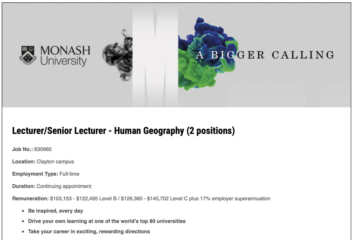 Join Monash University's Human Geography group! Research includes environmental governance,  sustainability transitions, political ecology of development, sustainable business models, corporate sustainability, urban diversity, international migration. bit.ly/3BHYTg2