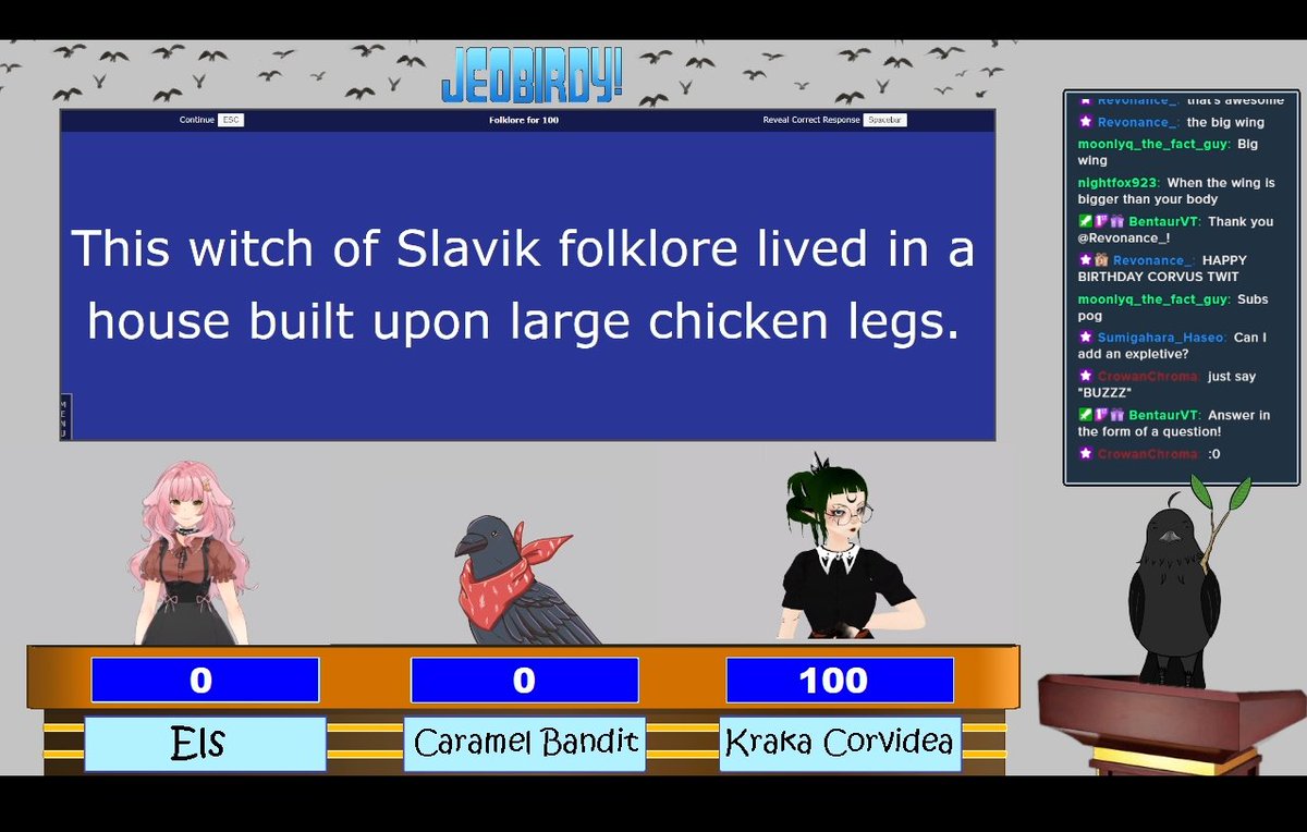 The First Ever JEOBIRDY CHAMPION!? 
RIGHT HERE!

Thank you so much @CorvusTwig for having me on your Birthday stream and letting me compete in Jeobirdy.
Also Thank you to <a href="/ElsrisVT/">els</a> and <a href="/caramel_bandit/">Caramel_Bandit</a> for competing, I had so much fun!