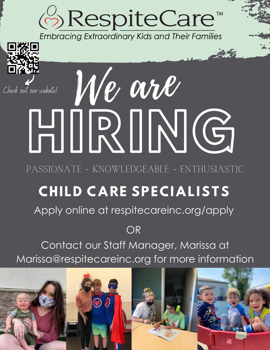 Respite Care is hiring for summer &amp; ongoing  positions 🤩 If you are interested in working with kids while making a difference in our community, join our team of dynamic Child Care Specialists!