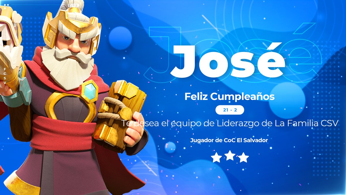 🥳 ¡Feliz Cumpleaños a José de Coc El Salvador! ❤️💙

Uno de nuestros jugadores con más tiempo en la Familia CSV.
Fidelidad 💯

😀 ¡Que la pases genial en tu día! 🎉