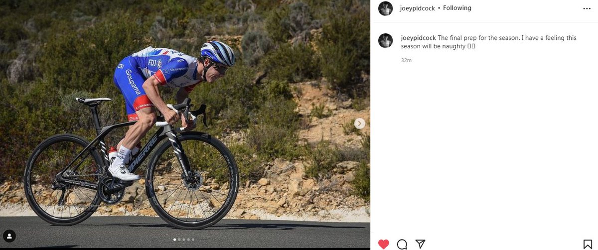 VeloUK's tweet photo. Nice post on Instagram from Joe Pidcock who races for the Conti FDJ team. Joe is down to race the Le Samyn & GP Jean-Pierre Monserรฉ races with fellow Brit Sam Watson according to https://t.co/SRTXOTJtFy #goodluckJoe https://t.co/F3Pnt7mXZJ