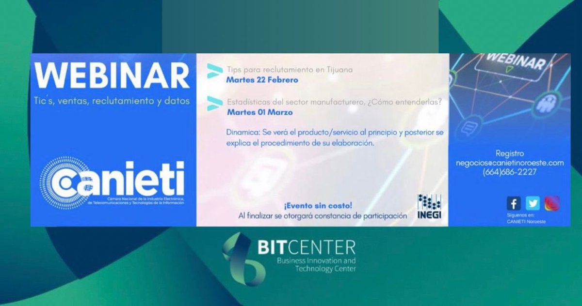 No te pierdas la gran oportunidad de asistir el día de mañana a este Webinar sin costo y obtén interesante información de expertos sobre #Ventas #Reclutamineto y #Datos.
#Canieti Noroeste #INEGI
#ComunidadBIT