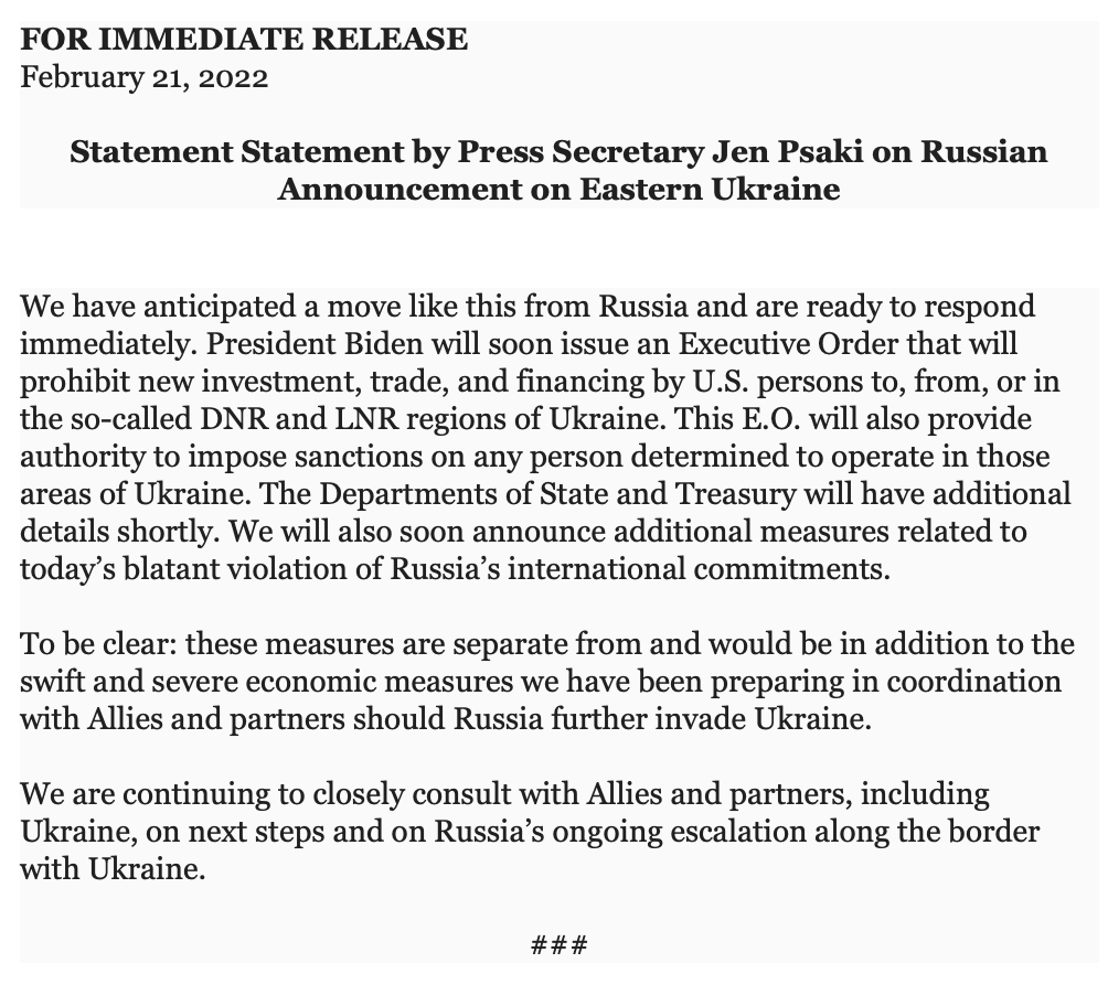 ABC's tweet photo. BREAKING: White House: "President Biden will soon issue an Executive Order that will prohibit new investment, trade, and financing by U.S. persons to, from, or in the so-called DNR and LNR regions of Ukraine." https://t.co/yjesemmFiw https://t.co/dgtXO9YmwQ