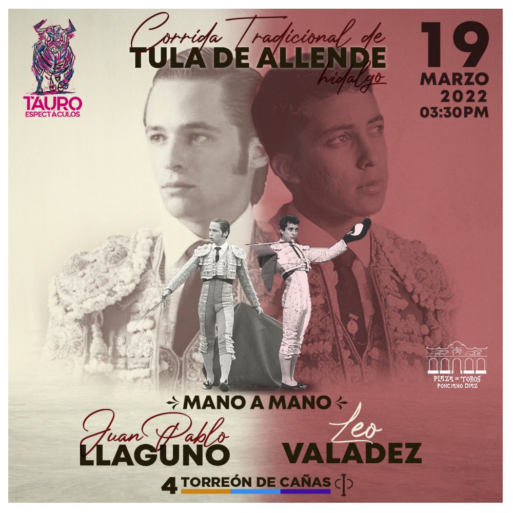 🔊 Corrida Tradicional en Tula de Allende 
.
🏟 Plaza de Toros Ponciano Díaz
.
📆 19 de Marzo 2022. ⌚️ 3:30 pm. 
.
 🔥Sensacional Mano a Mano.
<a href="/jpllaguno/">Juan Pablo Llaguno</a> y <a href="/leo_valadez/">Leo Valadez</a> con toros de <a href="/TorreondCanas/">Torreón de Cañas</a> #ManoaMano #tauroespectaculos