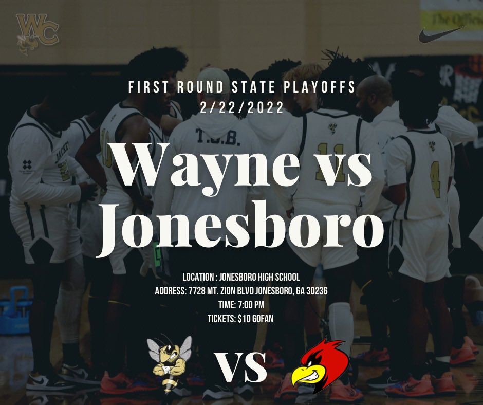 First rd state playoffs start tomorrow! Catch us in action as we travel to Jonesboro High. Tip-off 7PM. #GoJackets 🐝🏀