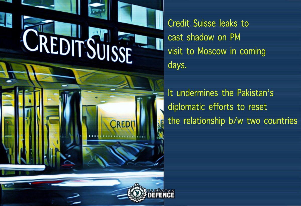 Timing of data leak from CreditSuisse is interesting in context 🇵🇰 as PM is set to visit 🇷🇺 in coming days It will take media attention away from visit, which is result of untiring diplomatic efforts.