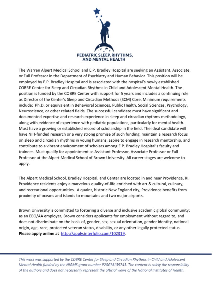 We are seeking a new Assistant, Associate, or Full Professor at <a href="/BrownMedicine/">The Warren Alpert Medical School</a> and <a href="/BradleyHospital/">Bradley Hospital</a> that is associated with our COBRE💫 This position is supported for 5 years and includes a role as Director of the SCM COBRE Core. If interested, apply here: apply.interfolio.com/102319